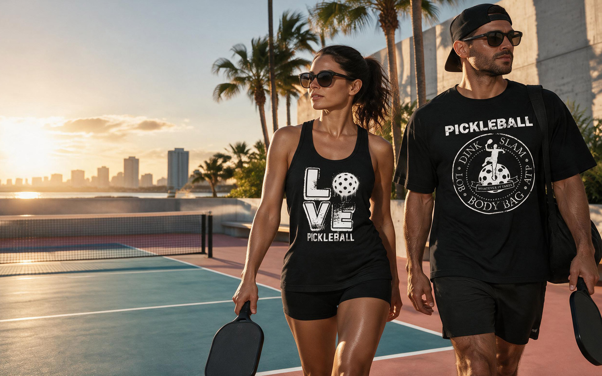 305Dink players walking across a Miami pickleball court at sunset